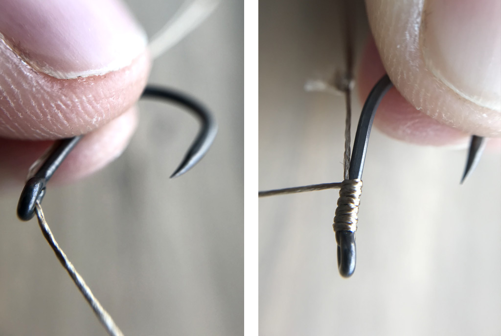 maak een knotless knot om je haak te bevestigen aan je onderlijnmateriaal
