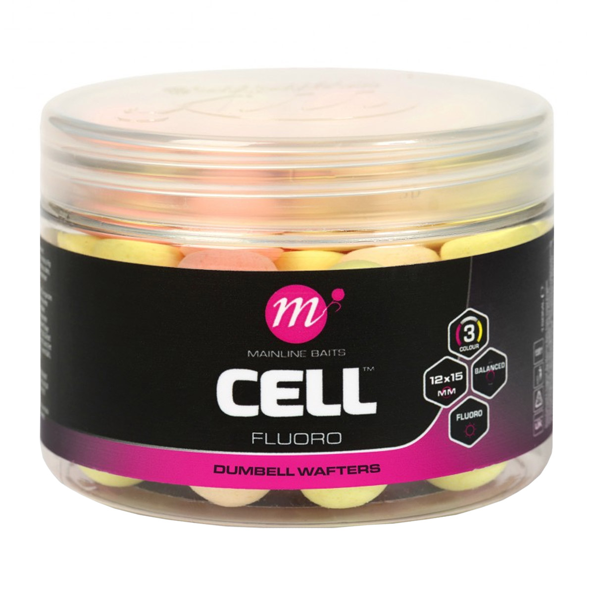 Mainline Fluoro Dumbell Wafters Pink, Yellow, White Cell - 12x15 MM 
