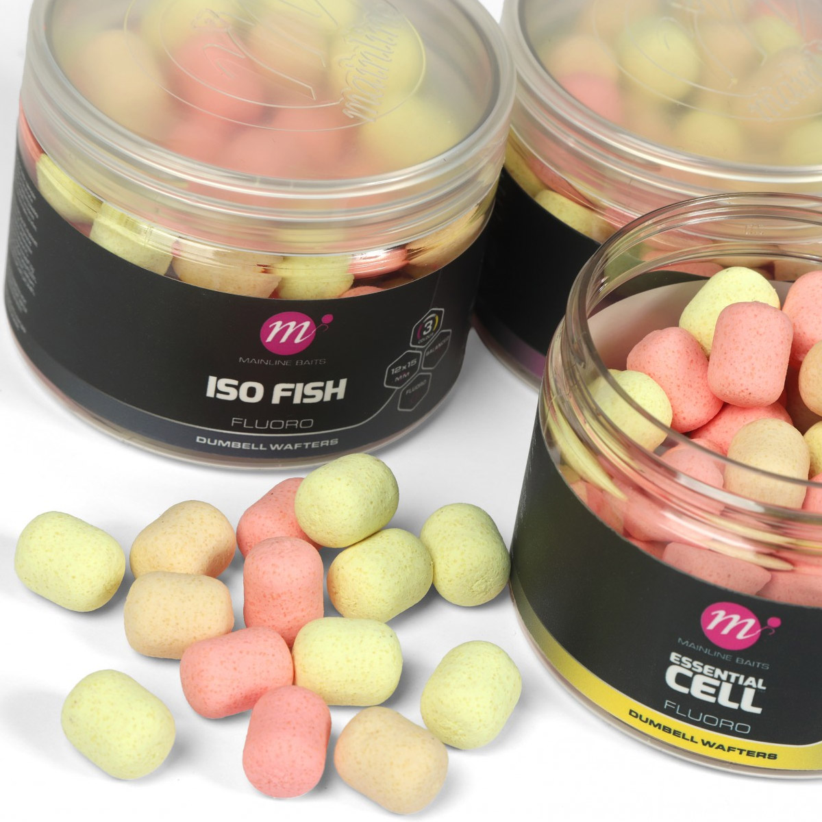 Mainline Fluoro Dumbell Wafters Pink, Yellow, White ISO Fish - 12x15 MM 